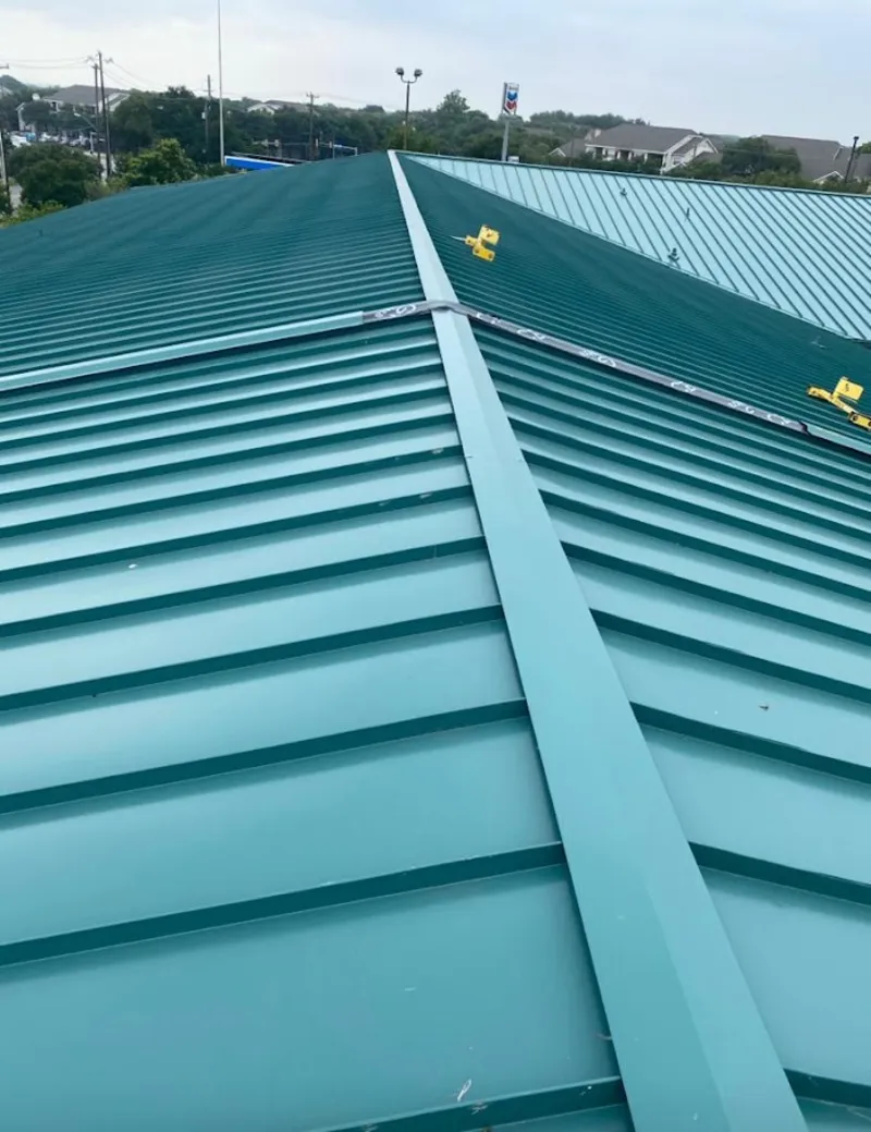 Green commercial metal roof ridge and valley for Metal Roof Repair in Contra Costa Centre
